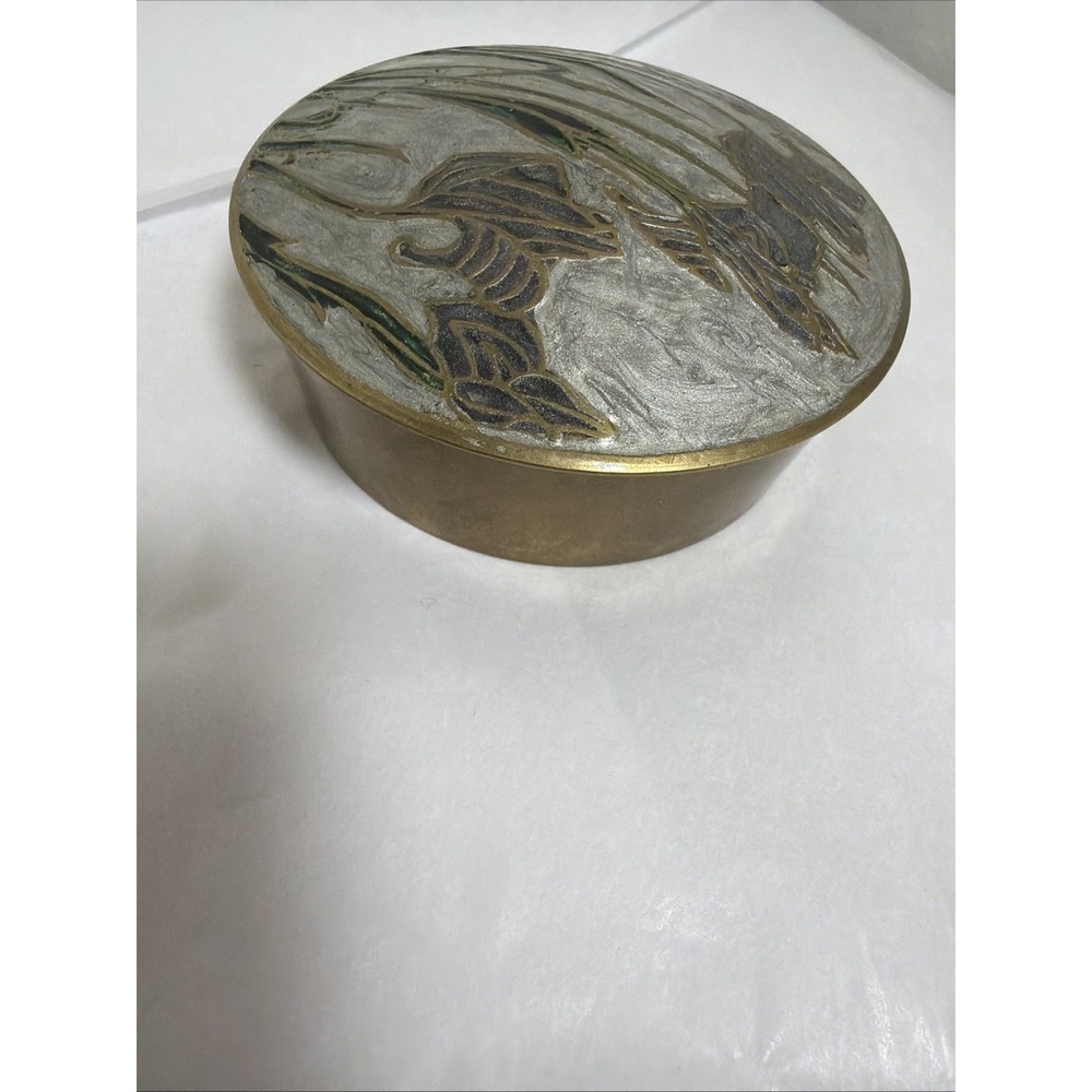 Brass Round Enamel Trinket Box Dish Flowers Iris Lid India Label